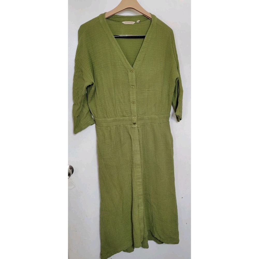 Soft Surroundings Gauze Midi Dress Green Vneck Full Button Womens‎ Size M